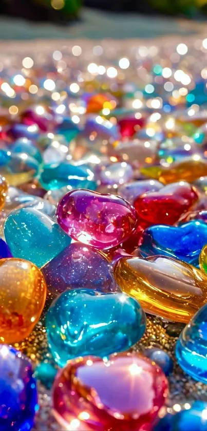 Colorful heart-shaped gemstones sparkling in sunlight.