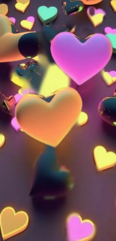 Colorful glowing heart shapes on dark background.