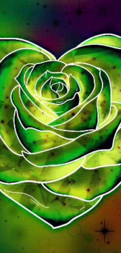 Vibrant heart-shaped green rose wallpaper with colorful background.