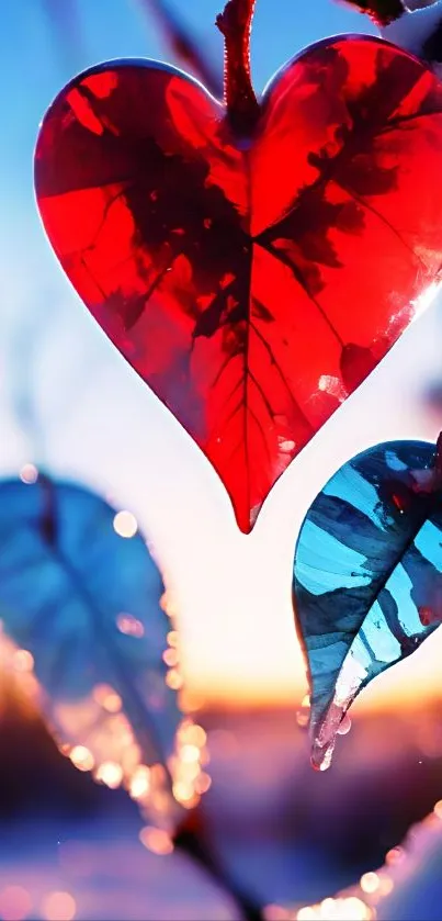 Colorful heart-shaped leaves against a sunset backdrop.