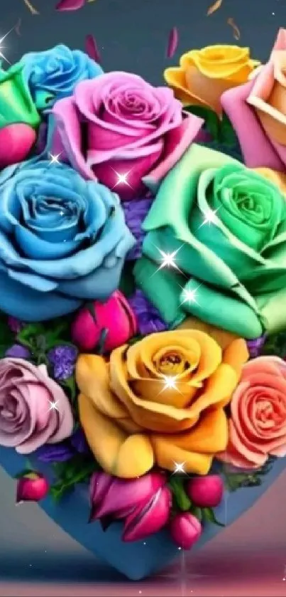 Heart-shaped floral arrangement of colorful roses with sparkling highlights.