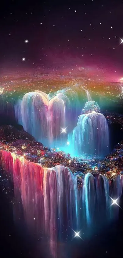 Heart-shaped waterfalls in cosmic digital art.