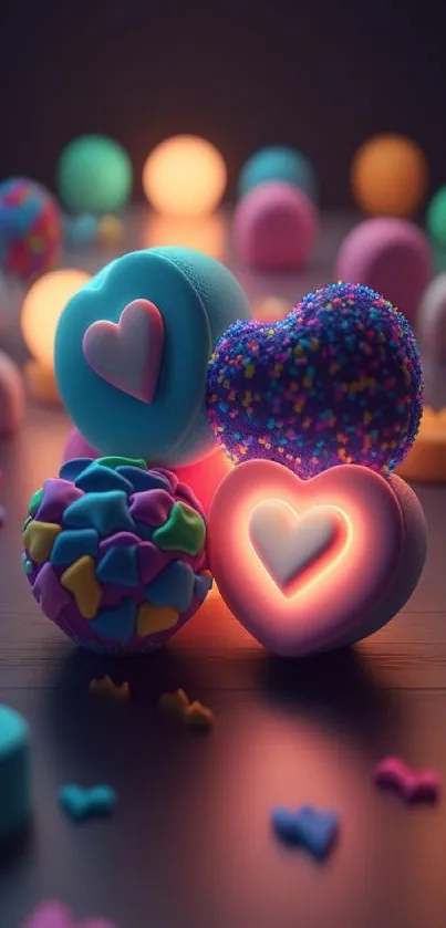 Vibrant 3D hearts and colorful candies glowing in a soft ambiance.