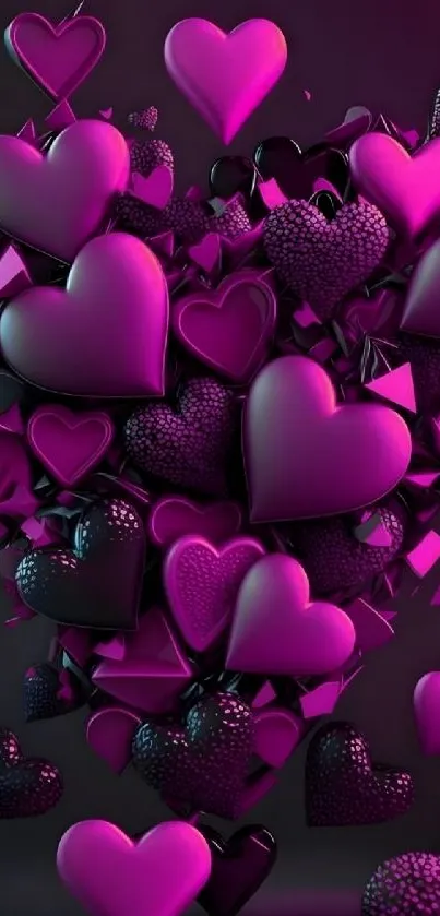 Vibrant purple heart shapes forming a 3D pattern on a mobile wallpaper.