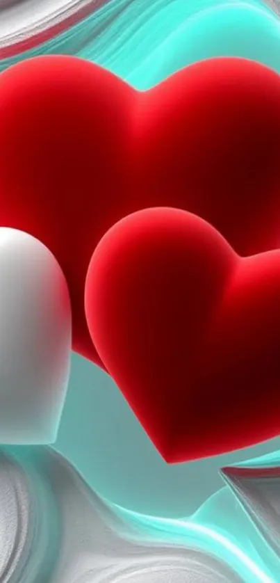 Vibrant red and white heart shapes on an abstract background wallpaper.