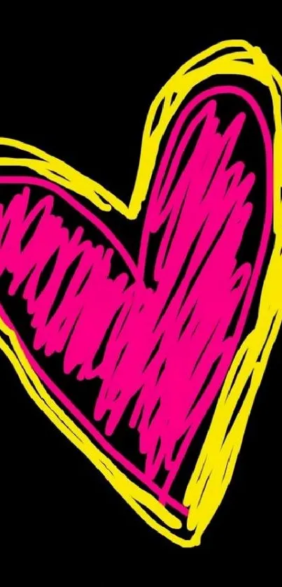 Colorful pink and yellow heart sketch on black background.