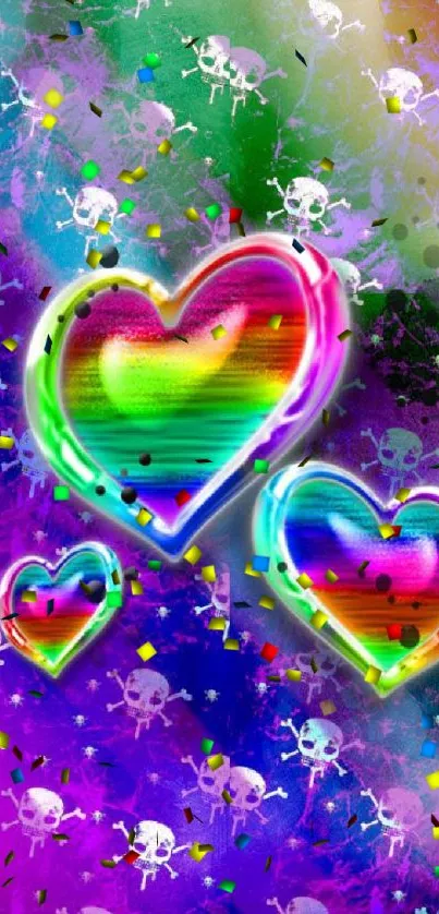 Mobile wallpaper with vibrant rainbow hearts and white skull pattern.