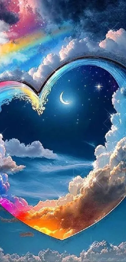 Heart-shaped sky with rainbow, crescent moon, and clouds in vibrant colors.