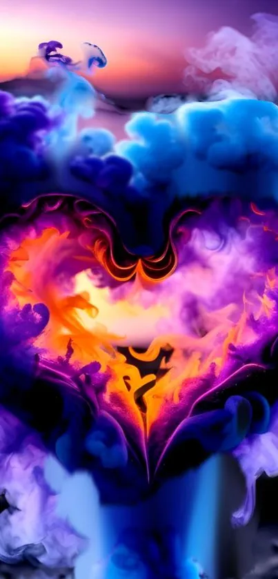 Vibrant heart-shaped smoke art with bold, colorful design for mobile wallpaper.