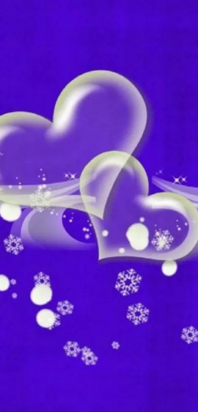 Purple wallpaper with heart shapes and snowflakes.