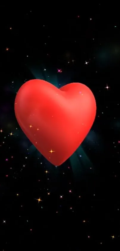 Glowing red heart with stars on a cosmic black background.