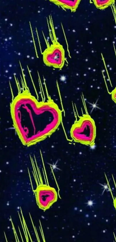 Neon hearts cascading through a starry dark blue galaxy wallpaper.