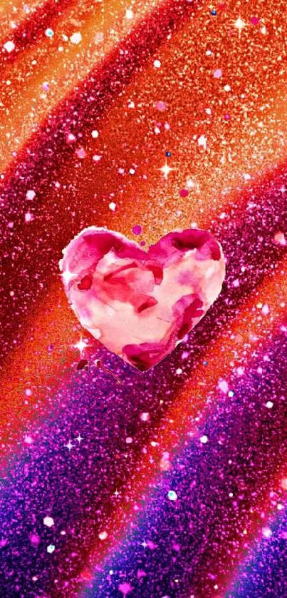 Vibrant heart sparkles on colorful wallpaper.