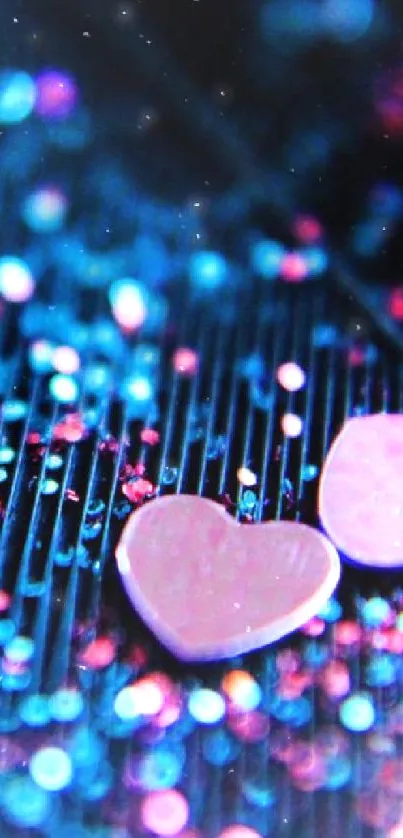 Vibrant hearts with blue and purple bokeh on mobile wallpaper.