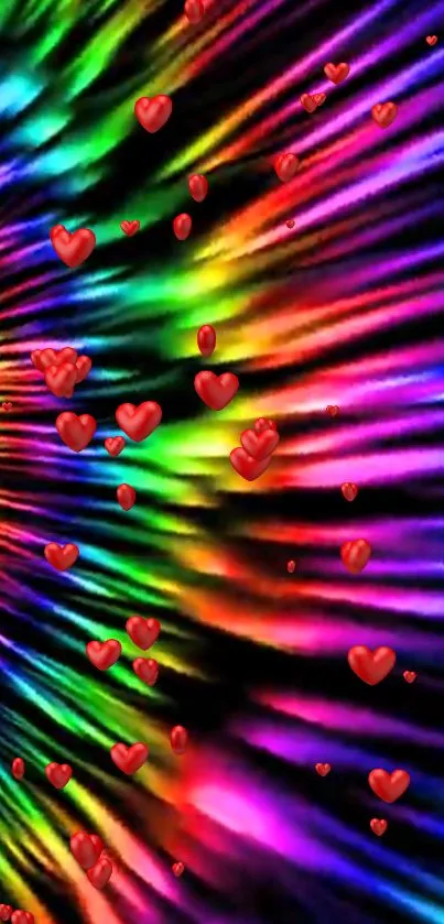 Vibrant rainbow wallpaper with red hearts.