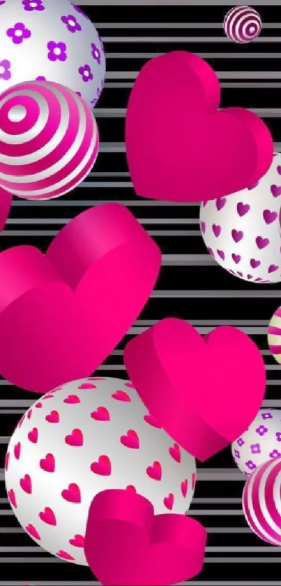 3D hearts and patterned spheres on striped background.