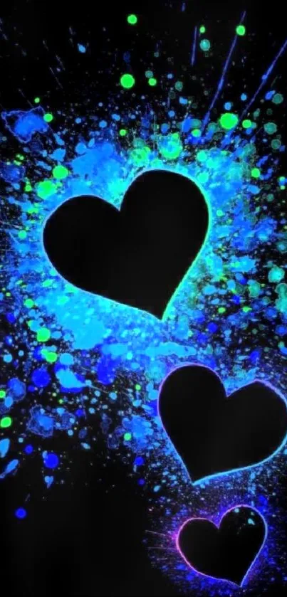 Vibrant neon blue and green heart splash wallpaper with artistic design.