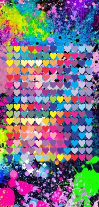 Colorful heart splash on a vivid paint background wallpaper.