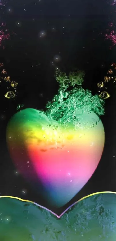 Vibrant heart splash with colorful gradient on black background.