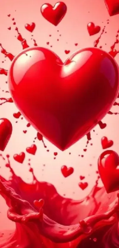 Red hearts with splash effect on wallpaper.
