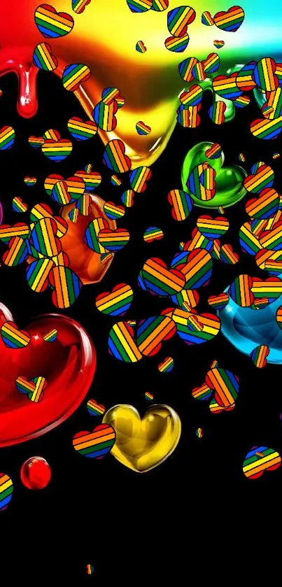 Vibrant hearts and colorful splash on black background wallpaper