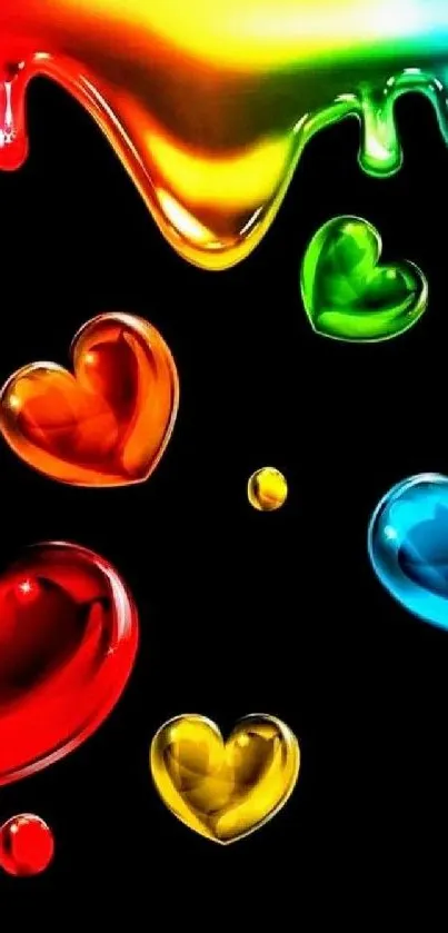 Colorful hearts and rainbow splash on a black background mobile wallpaper.