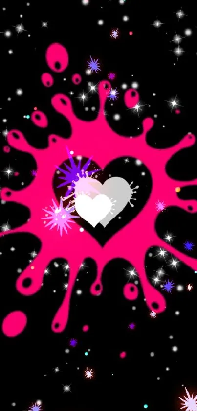 Heart splash on starry black wallpaper.