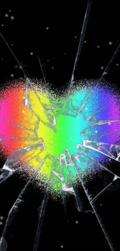 A cracked heart with a rainbow splatter on a black background.