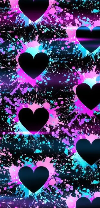 Black hearts on neon splatter background wallpaper.