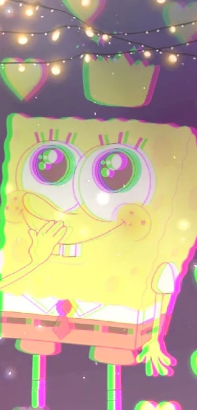 SpongeBob with heart pattern in vibrant neon colors.