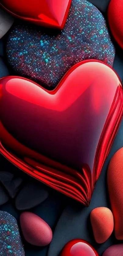 Vibrant red heart stones showcased in a beautiful mobile wallpaper.