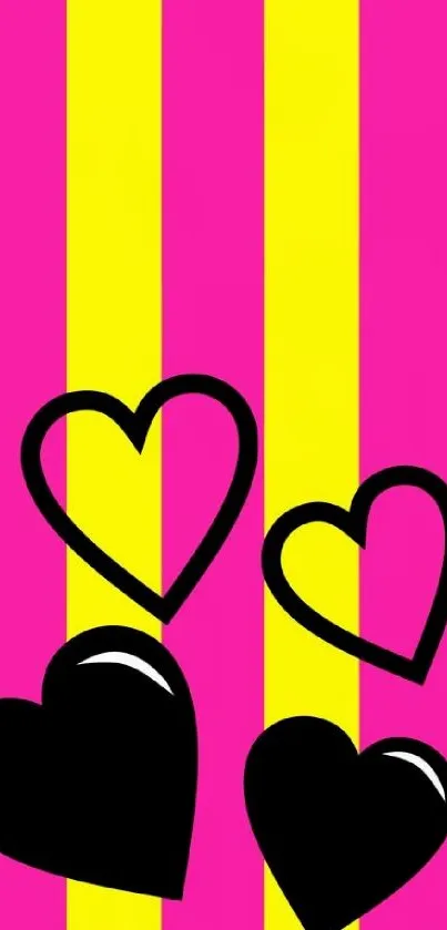 Vibrant mobile wallpaper with hearts and pink-yellow stripes.