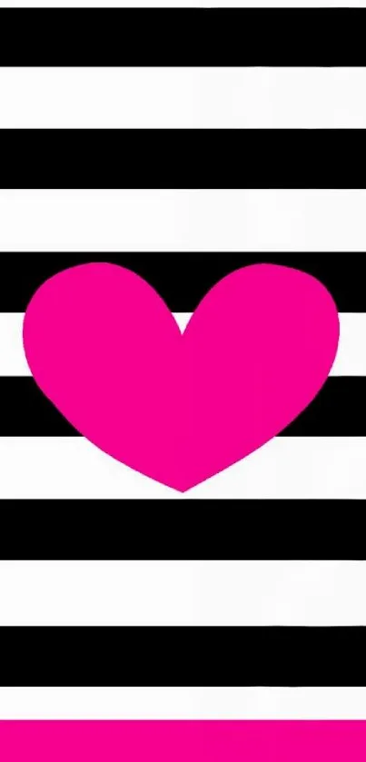 Pink heart on black and white striped wallpaper.