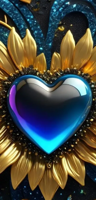Golden sunflower with glossy blue heart center as phone wallpaper.