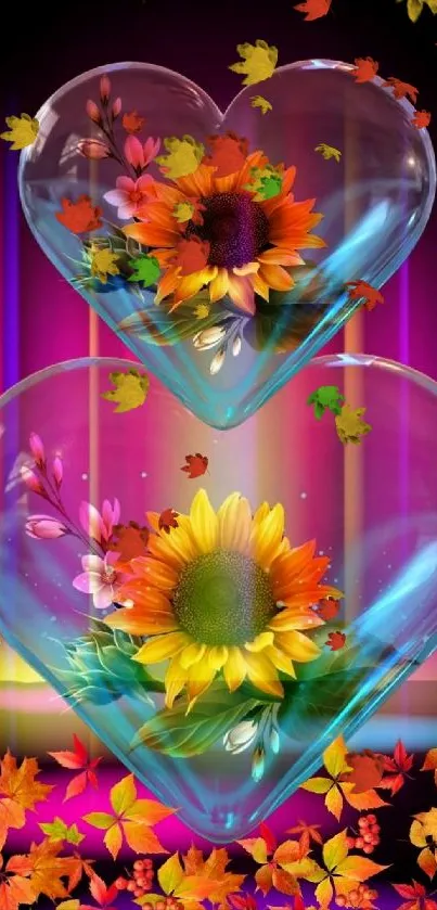 Heart-shaped glass with sunflowers surrounded by vibrant colors and leaves.