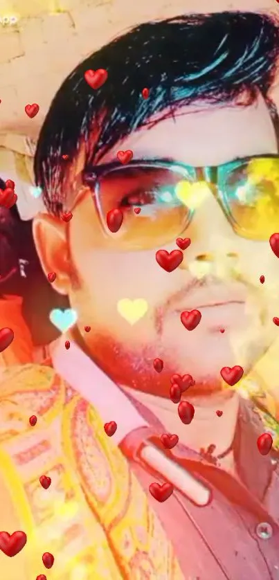 Colorful wallpaper with hearts and sunglasses.