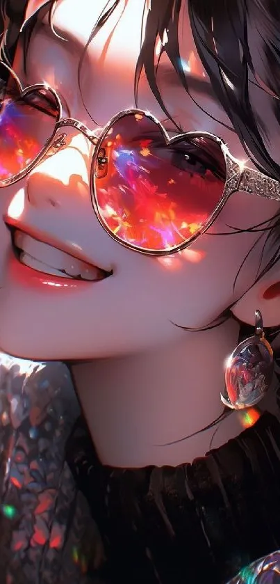 Artistic portrait wearing heart-shaped sunglasses with pink reflections.