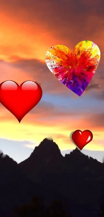 Colorful hearts float over a sunset mountain scene.