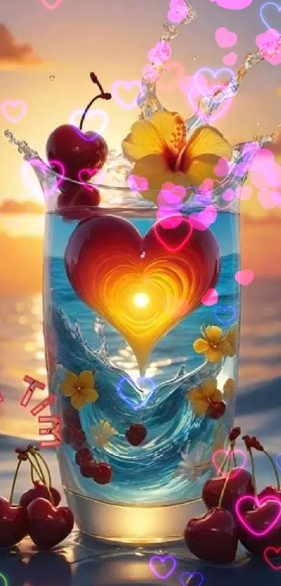 Sunset cocktail with heart, cherries, and flowers on ocean.