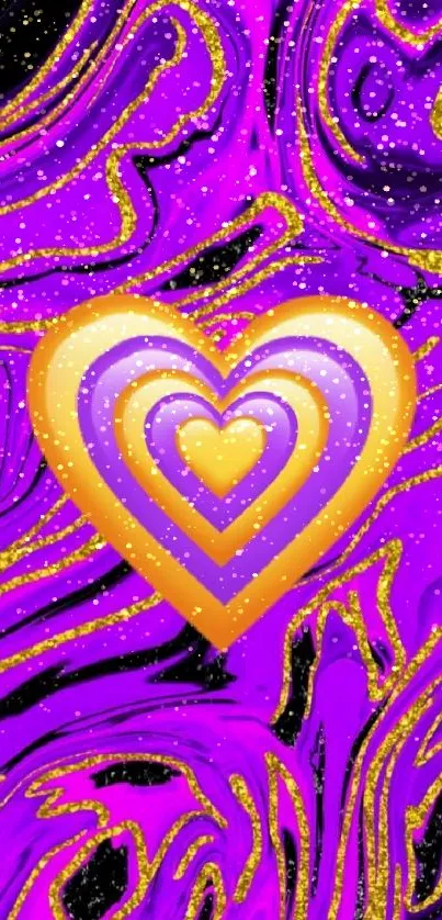 Purple and gold heart swirl mobile wallpaper with abstract design.