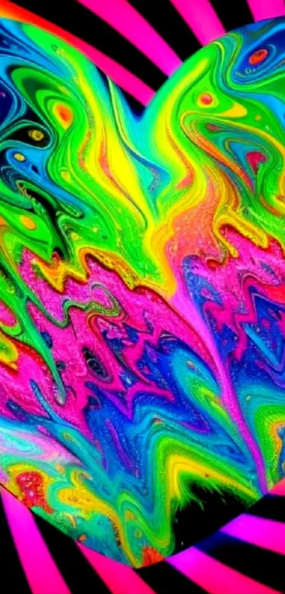 Colorful abstract heart wallpaper with swirling neon patterns.