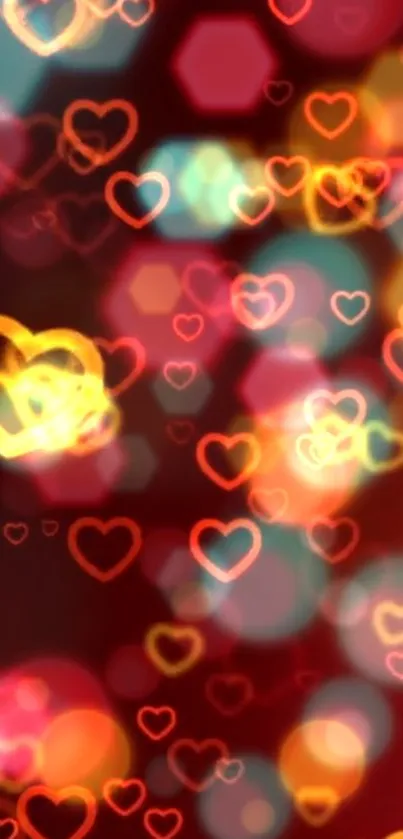 Vibrant heart pattern wallpaper with colorful bokeh lights.