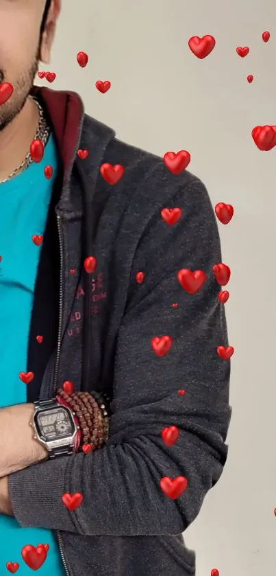 Casual look with red hearts overlay wallpaper.