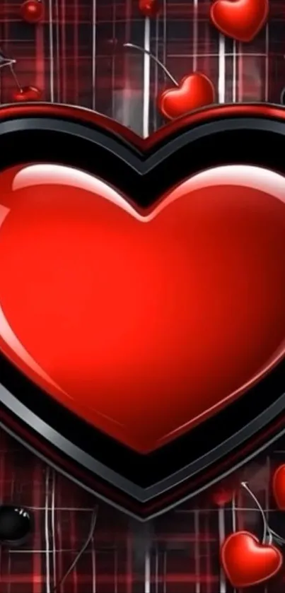 Red heart with black accents on a plaid background