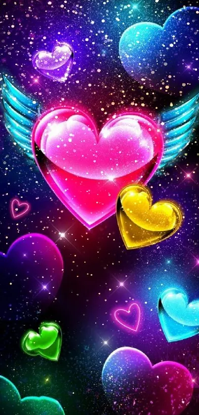 Vibrant heart-themed mobile wallpaper with glowing, colorful hearts.