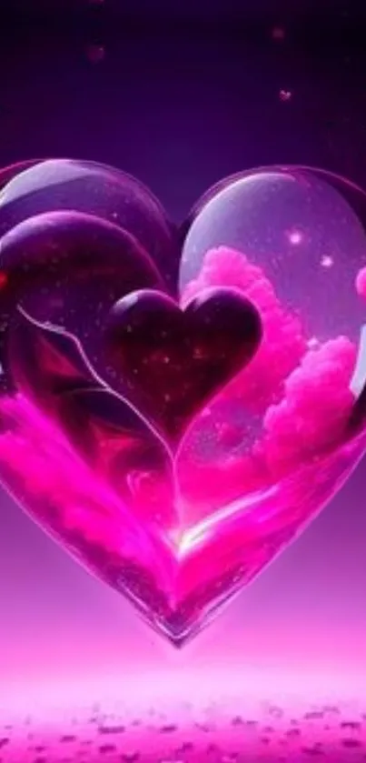 Pink and purple heart-shaped glowing cosmic design wallpaper.