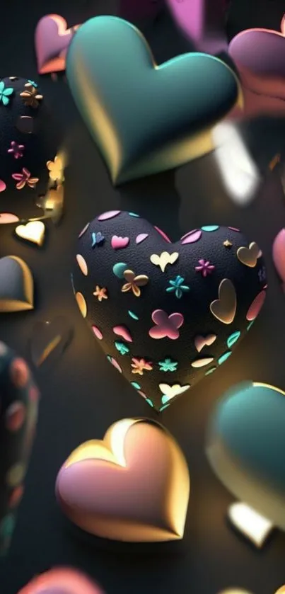 Vibrant mobile wallpaper with colorful, glowing hearts and floral patterns.