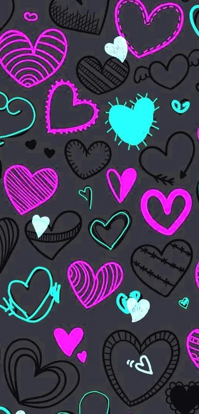 Neon pink and cyan hearts on dark background wallpaper.