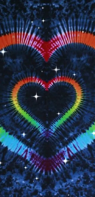 Colorful tie-dye heart on deep blue background.