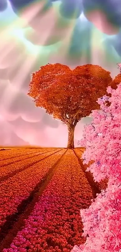 Vivid pink landscape with a heart-shaped tree under a mystical sky.